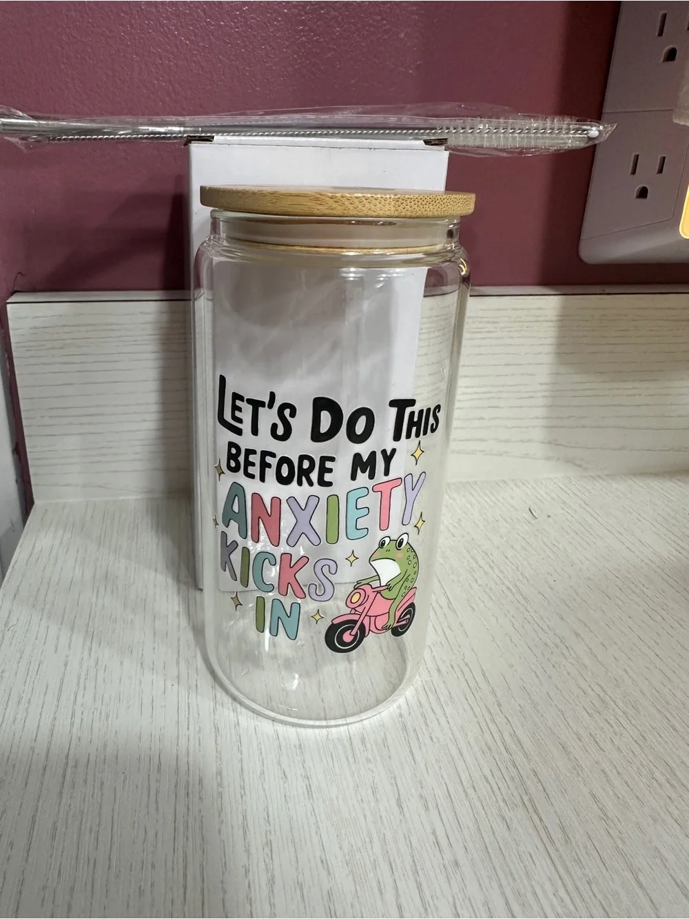 16oz Glass cup with Bamboo Lid - Let's Do This Before My Anxiety Kicks In